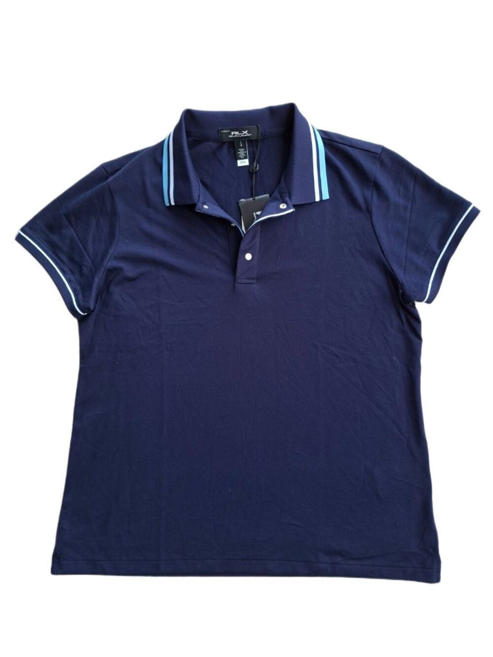 RLX Ralph Lauren Navy Stripe Trim Performance Polo Shirt Tailored Fit Size L